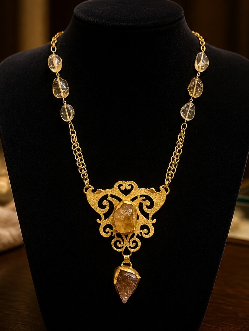 Gold Filigree Citrine Crystal Statement Pendant Necklace Boho